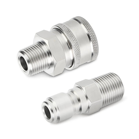 Two 304 stainless steel pressure washer adapters with 3/8 inch male quick-connect fittings, front and side views