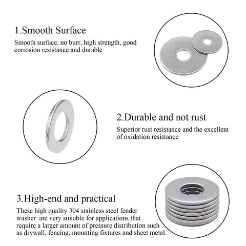 Amazon DYWISHKEY fender washer set, 220 pcs, 15 sizes, 304 stainless steel (M3–M12).