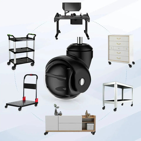 Beefy Heavy Duty 2 Inch Ball Caster Wheels Set Of 4 With 1200 Lbs Capacity shown with various furniture and carts