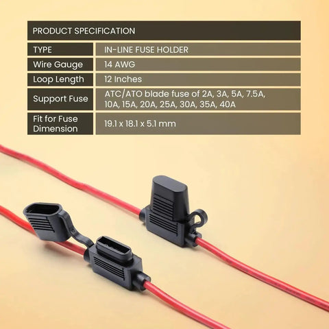Road Ready Inline Fuse Holder Kit With 14 Gauge 2A To 40A ATC ATO Blade Fuses 5 Pack Includes 55 Car Fuses shown with 14 AWG wire