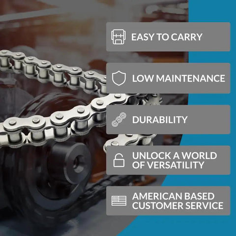 Roller Chain Connecting Puller Holder Tool for Chain Size 60 80 100 ultra durable carbon steel, shown in use with chain and benefits listed.