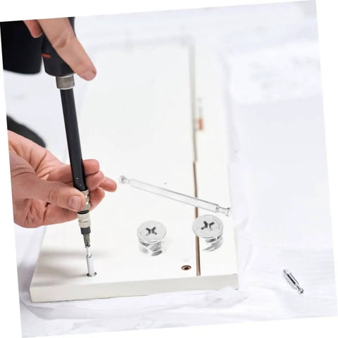 Heavy Duty Furniture Cam Lock Fittings Kit For Cabinets 20 Sets With Double Headed Connectors being installed on a panel.