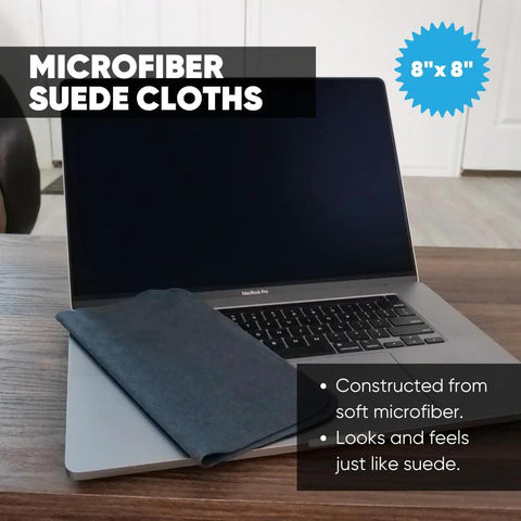 Lens Cleaning Cloth 8x8 Microfiber Suede 10 Pack Scratch-Free Lenses And Screens on laptop keyboard.