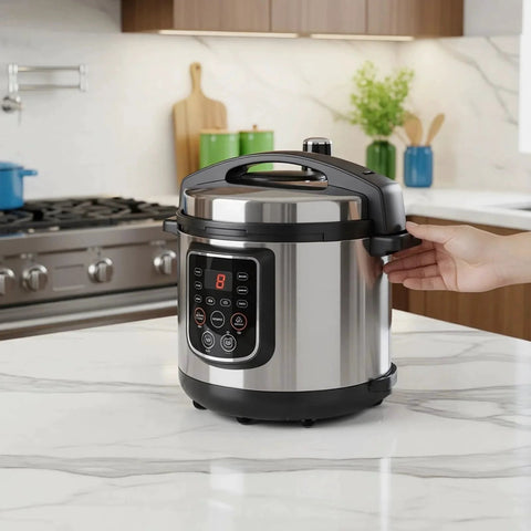 Person adjusting a stainless steel electric pressure cooker on kitchen counter near stove.