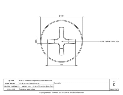 Diagram of Titanium Sheet Metal Screw Pack of 25, No. 6 by 1/2 Inch Flat Head Phillips Drive, Grade 2 CP Titanium.
