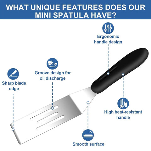 Diagram illustrating the features of the Two Piece Mini Spatula Set In Stainless Steel, Handy Metal Spatulas For Cooking And Serving.