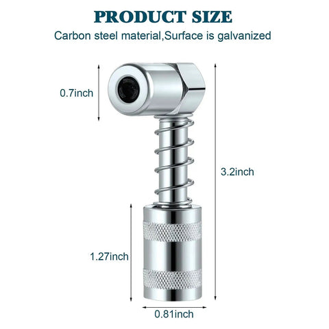 90 Degree Grease Coupler And Gun Adapter Two Pack With 3 Jaw Swivel Right Fittings For No Spill Greasing Quick Lock And Release Grease Gun Tips For Farm Auto Truck And Industrial Use, showing size and carbon steel material
