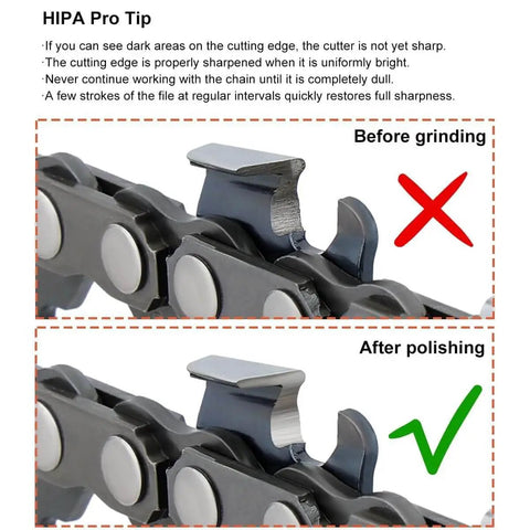 Close-up of before and after images of chainsaw teeth, showing effects of grinding and polishing with 12-piece sharpening kit by Hipa.