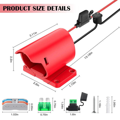 Dimensions and components of 2 Pack 12V Battery Adapter For Power Wheels With Switch, Fuse, 12AWG Wire, Wire Terminal, M12 Compatible Kit