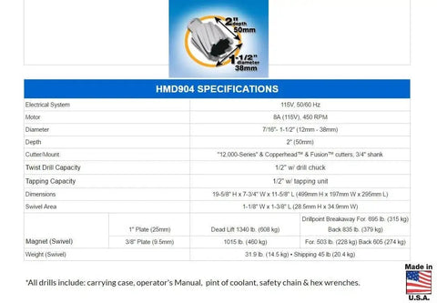 Specifications sheet for Swivel Base 115 Volt Magnetic Drill With Coolant, featuring size, capacity, and technical details.