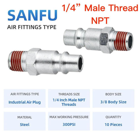 SANFU 3/8 body steel air fittings, 1/4" NPT male threads, M-type plug; 2 pieces shown