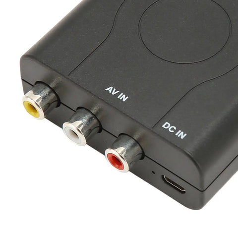 NTSC TV Modulator with Composite to RF Coax, AV inputs, ABS casing, close-up view