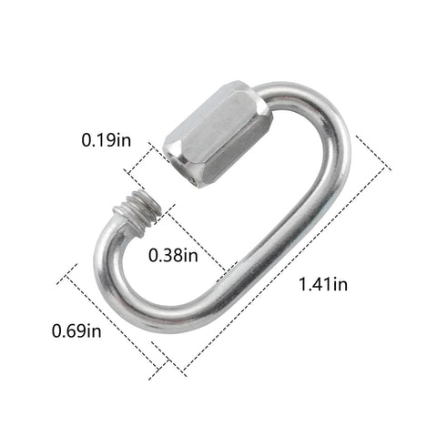 304 Stainless Steel D Shaped Locking Quick Link Carabiner Set Of 10, corrosion resistant, dimensions shown in inches, tool-free twist