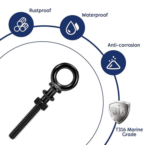 Image of a T316 stainless steel eyebolt highlighting rustproof, waterproof, and anti-corrosion features, marine grade quality badge. Five Pack 1/4 Inch T316 Stainless Steel Eyebolts For Beefy, Heavy Duty Lifting And Rigging, Marine Grade Corrosion Resistant Threaded Eyebolt Set With Nuts And Washers HF038B.