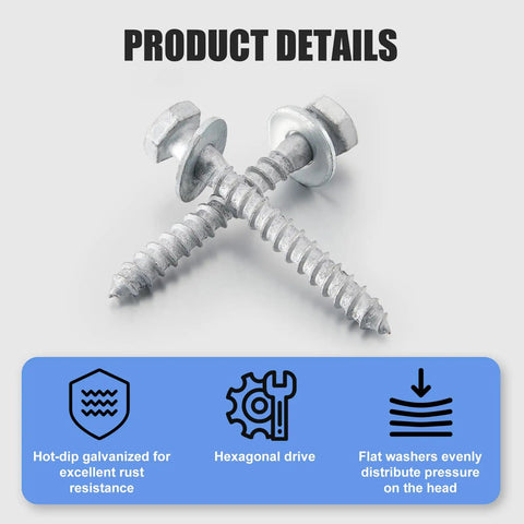 Heavy Duty Wood Lag Screws Kit With 100 Hex Head Lag Screws And Washers For Wood, Three Eighths Inch By 3 Inch, Hot Dip Galvanized