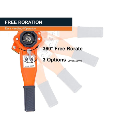Lever Chain Hoist 1.5 Ton 10 Foot With 3 Meter Chain Come Along Ratchet Puller handle close-up showing rotation options