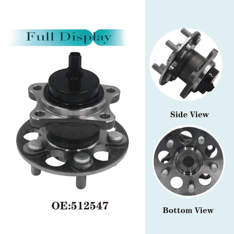 Rear Wheel Bearing Hub Assembly With ABS For Toyota Corolla 2020 To 2022 Prius 2016 To 2022 And Lexus CT200h 2011 To 2017 5 Lug Wheel Hub Replacement Ready To Roll Front Or Rear Fit, shown in full, side, and bottom views.