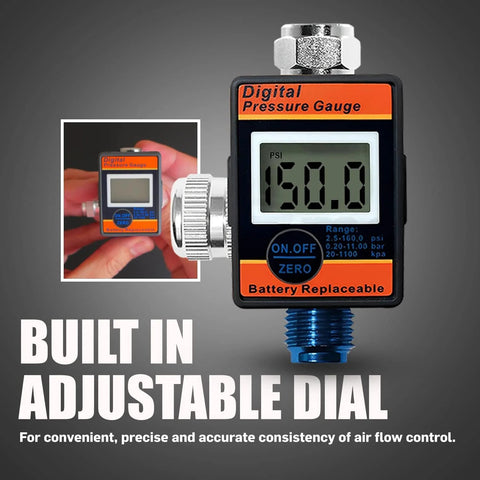 LE LEMATEC digital air pressure regulator with LED display gauge; orange face, 1/4 NPT inlet, blue connector.