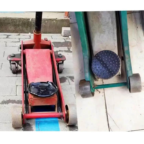 Heavy Duty Floor Jack Saddle with Rubber Pad for 4-Ton Jacks, alloy steel, installed on a floor jack, rubber pad visible