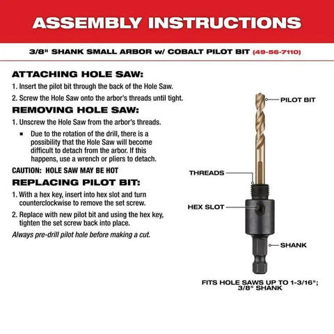 Assembly instructions for installing a 3/8" shank small arbor with a cobalt pilot bit on a hole saw