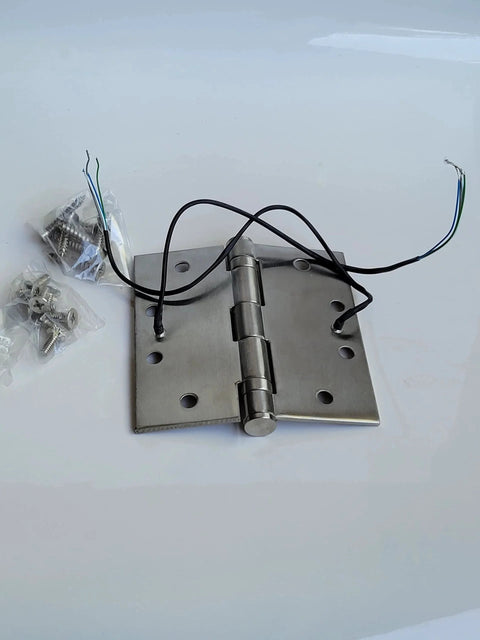 4 Wire Stainless Steel Electrified Hinges 4.5 Inch Square Corner 3.5mm Thick UL Approved, shown with wiring and screws ready for installation