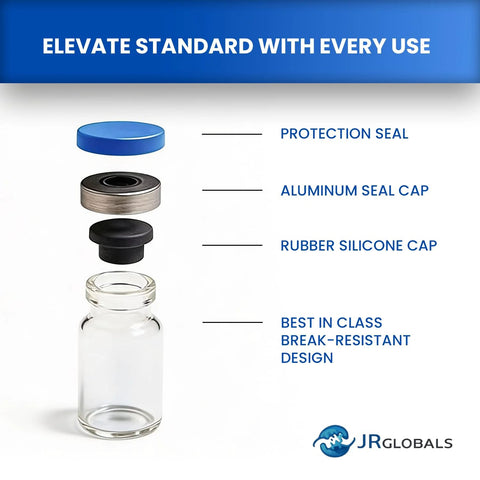 JRGlobals reconstitution solution: 2 × 50 mL glass vials with aluminum seal and rubber silicone caps; JRGlobals logo