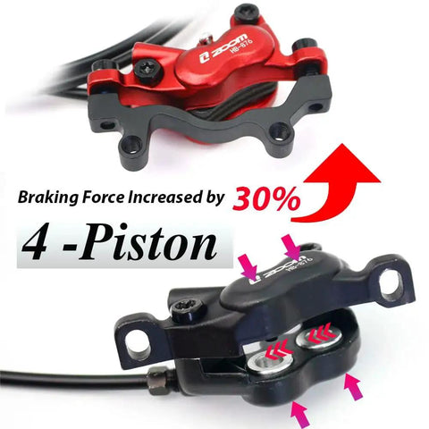 JFOYH 4-Piston hydraulic disc brake set for mountain bike; two calipers, red front and black rear with levers