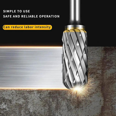 Close-up of carbide burr from Carbide Burr Set for Rotary Tools with Ten Pieces and One Eighth Inch Shank Double Cut Pro Grade Rasp Bits for Metal Engraving Porting Grinding and Finishing Compatible with Dremel and Most Die Grinders Great For Aluminum Steel Marble and More