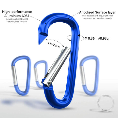 Heavy Duty Aluminum Carabiners Set of 4 Blue 4 Inch D Ring Clips With Spring Snap Hooks For Camping Hiking Keychains Dog Leashes Hammocks And Outdoor Gear Tough As Nails Durable Rock Climbing Clips showing design features and dimensions.