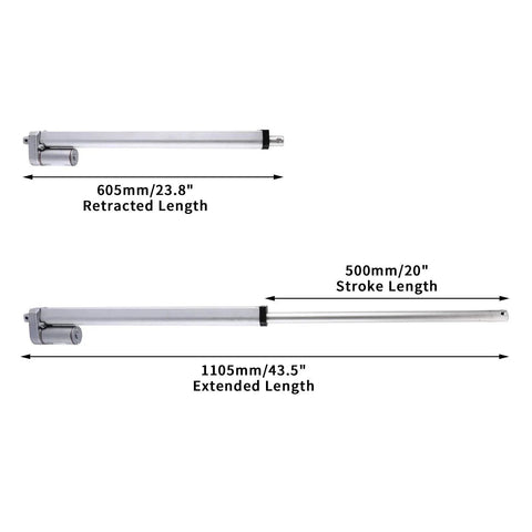 Heavy Duty 12V Linear Actuator With 20 Inch Stroke And Mounting Bracket For Recliners TV Tables Massage Beds And Electric Sofas 900N Lift 225Lbs Max 10 Mm Per Second, shown in retracted and extended positions with measurements.