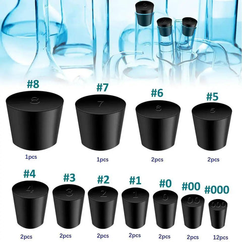 30 Pcs Solid Rubber Stoppers Assorted Sizes 000 To 8 with tapered design for chemistry lab equipment, shown in varying sizes against blue background.
