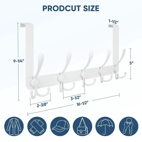 Diagram of Over The Door Hooks 5 Pack Heavy Duty All Metal Hangers With 11 Lb Capacity, showing dimensions and usage icons.