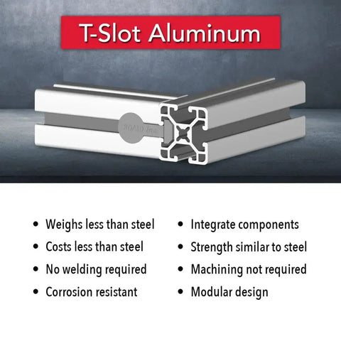 1.5 Inch By 1.5 Inch T Slot Aluminum Extrusion 15 Series For DIY Linear Rail And Track Guide Ultra Light Smooth Clear Anodized Finish 89 Inch Long Ideal For Custom Machinery Frames Robotics And Shop Projects in close-up view showing open T-slots and benefits text.