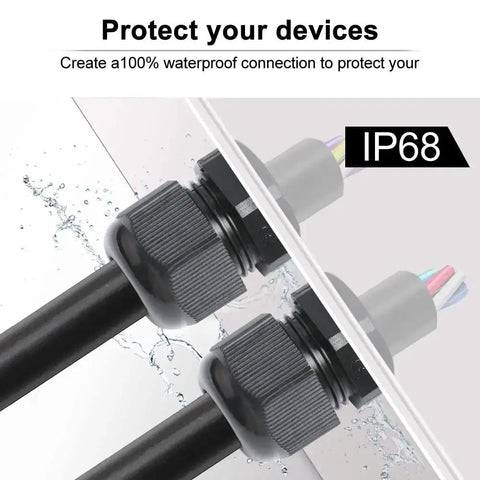 Image of Two Installed Three Quarter Inch NPT Cable Glands Nylon PA66 IP68 Waterproof Adjustable Heavy Duty Strain Relief Cord Grips.