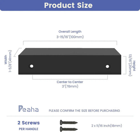 Diagram showing size of 10 Pack Black Cabinet Pulls 3 Inch Aluminum Alloy Edge Finger Pull Dresser Drawer Handles, includes screws.