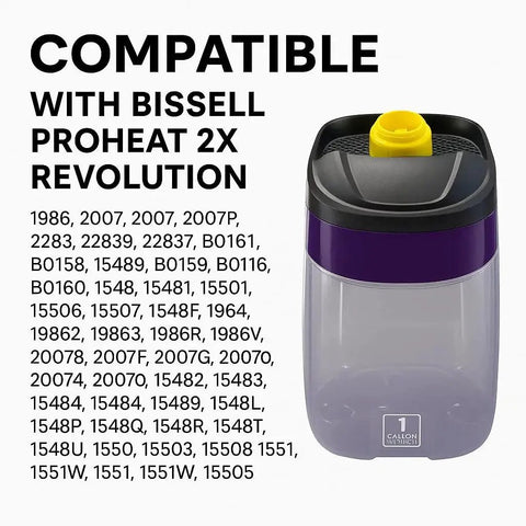 Replacement clean tank with yellow cap for Bissell ProHeat 2X Revolution carpet cleaners; purple top, clear reservoir.
