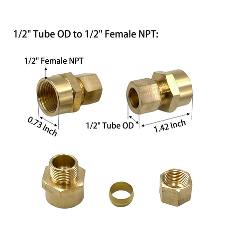 Brass compression union connectors, 1/2 in tube OD to 1/2 in female NPT, set of 3