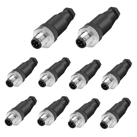 10 Pack M12 4 Pin Aviation Connector A Code Male IP67 Waterproof Plug And Play Field Ready Screw In Plug