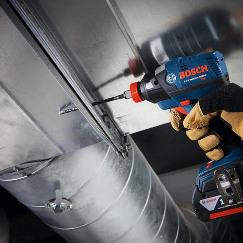 Impact Drill Bit Set for Multi Construction Materials With Hex Shanks and Carbide Heads Delivers Fast Cutting in Masonry Plastic and Metal Ideal for Hammer Drills and Impact Drivers Bosch IMC500 Five Piece used with impact driver on metal duct.