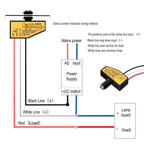 Wiring diagram for DC Photoelectric Switch Dusk To Dawn Sensor For Outdoor Lighting 8V To 50V Wide Voltage Range 5A Load