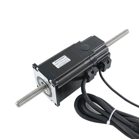 Black NEMA23 screw motor with lead screws at each end and attached wiring.