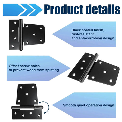 Product details of Heavy Duty Gate Hinges 4 Pack Black Iron 3.5 Inch Hinges with screw holes, black finish, and quiet operation design.