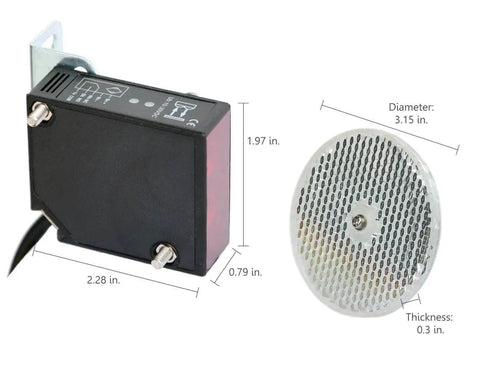 IP67 Waterproof Retro Reflective Photoelectric Beam Sensor Kit With 40 Feet Range 10 to 30VDC product image showing sensor and reflector.