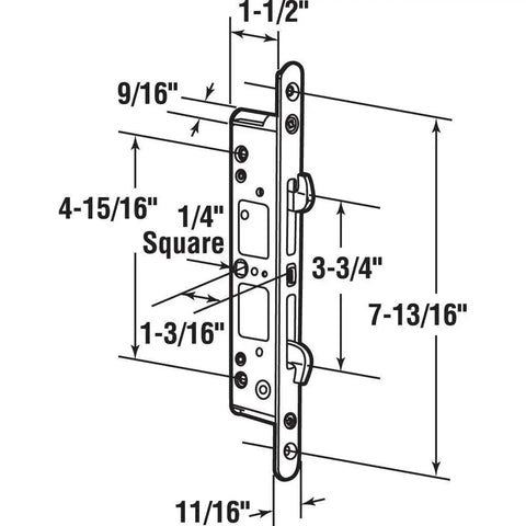 Square Drive Multi Point Sliding Door Mortise Latch 7/32 Inch with dimensions and diecast housing diagram for patio doors.