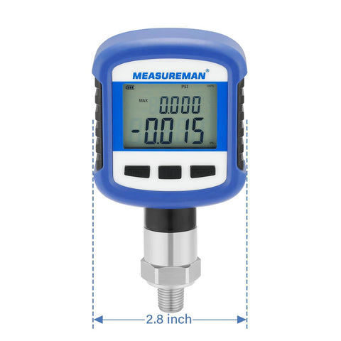 MeasureMan digital pressure gauge with blue housing and 1/4''NPT stainless connection; LCD psi readout, 2.8 inch width.