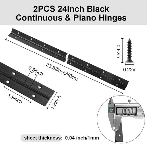 2 Pack 24 Inch Piano Hinge Stainless Steel Black Heavy Duty 304 Continuous Hinge with size and thickness details
