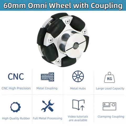 60mm Omni Wheel Aluminum Alloy Rubber Tire For Omnidirectional Movement With 6mm Inner Dia Flange Coupling for ROS Smart Car Chassis