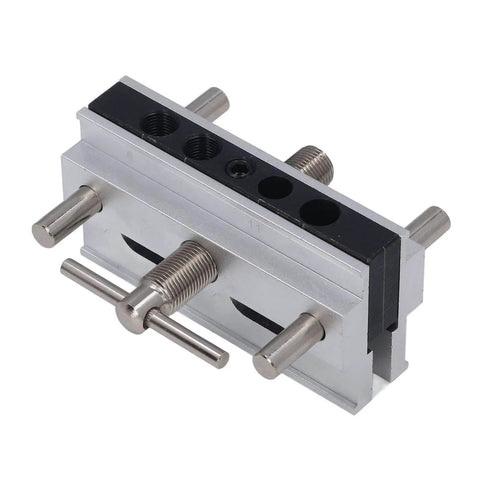 Front view of Self Centering Doweling Jig Kit With Adjustable Width Drilling Guide and Six Bushings, silver finish.