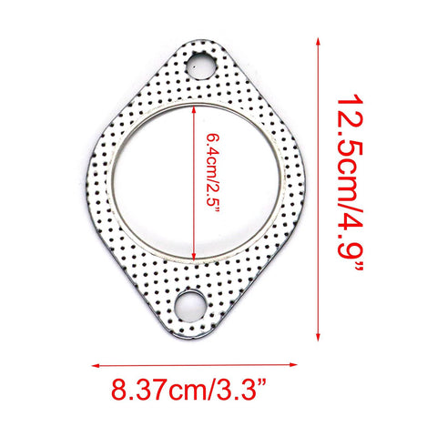 Exhaust gasket, silver metal 2-bolt flange with 2.5-inch bore; outer 12.5 cm by 8.37 cm, inner bore 6.4 cm.