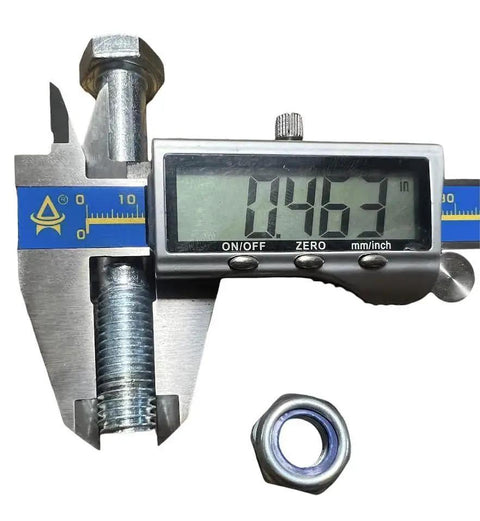 Close-up of caliper measuring bolt with nut, 0.1463 inches display, for Heavy Duty 6 Inch Cast Iron V Groove Wheel applications.